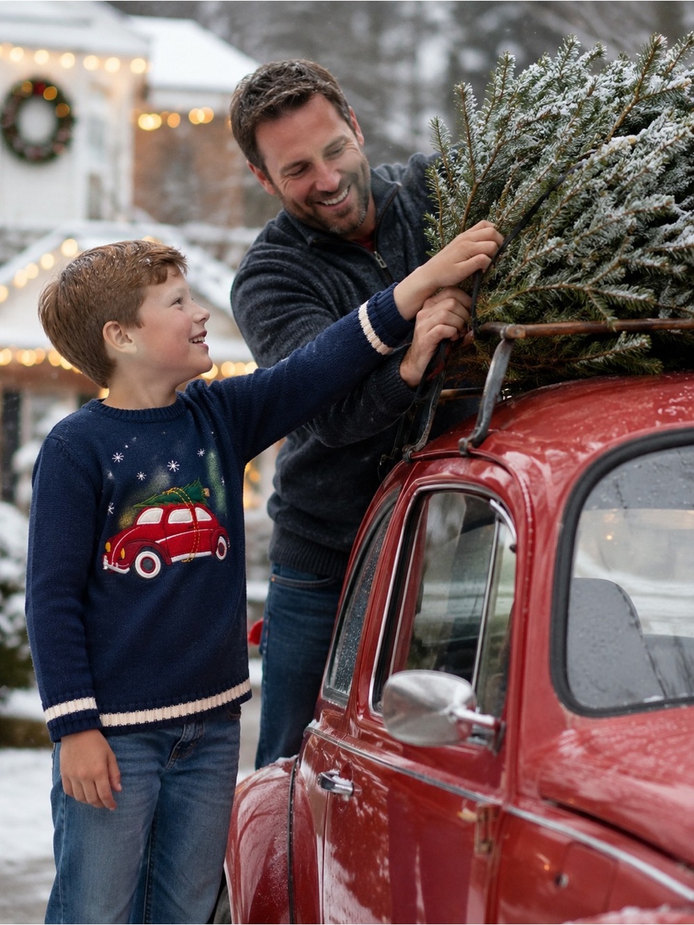 Ugly Christmas Sweater Kid’s 7X Christmas Tree Atop A Red VW